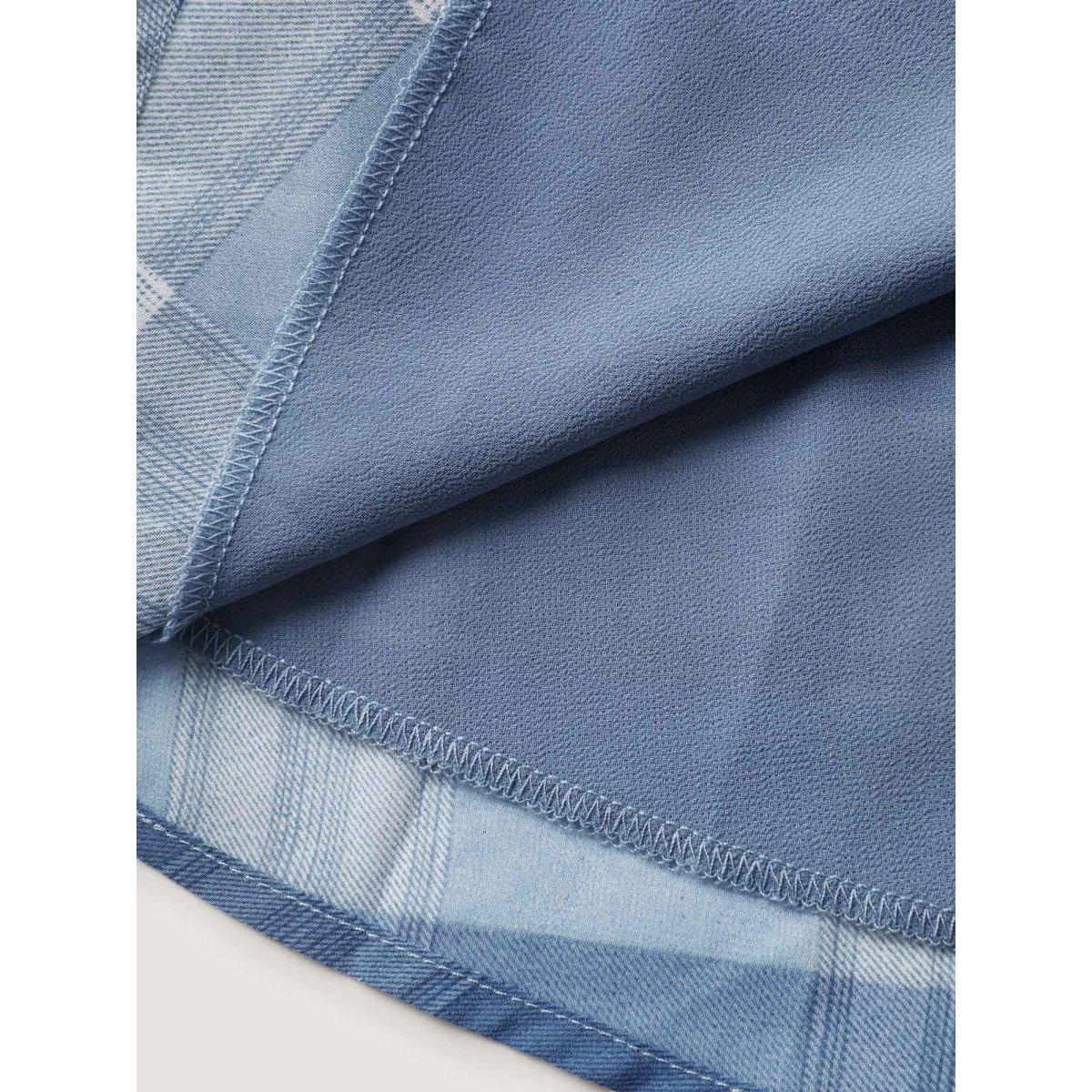 Plus Size Mediumblue Plaid Print Notched Collar Blouse Women Leisure Elbow-length sleeve Flat collar with V-notch Casual Blouses BloomChic 12/L Product Image