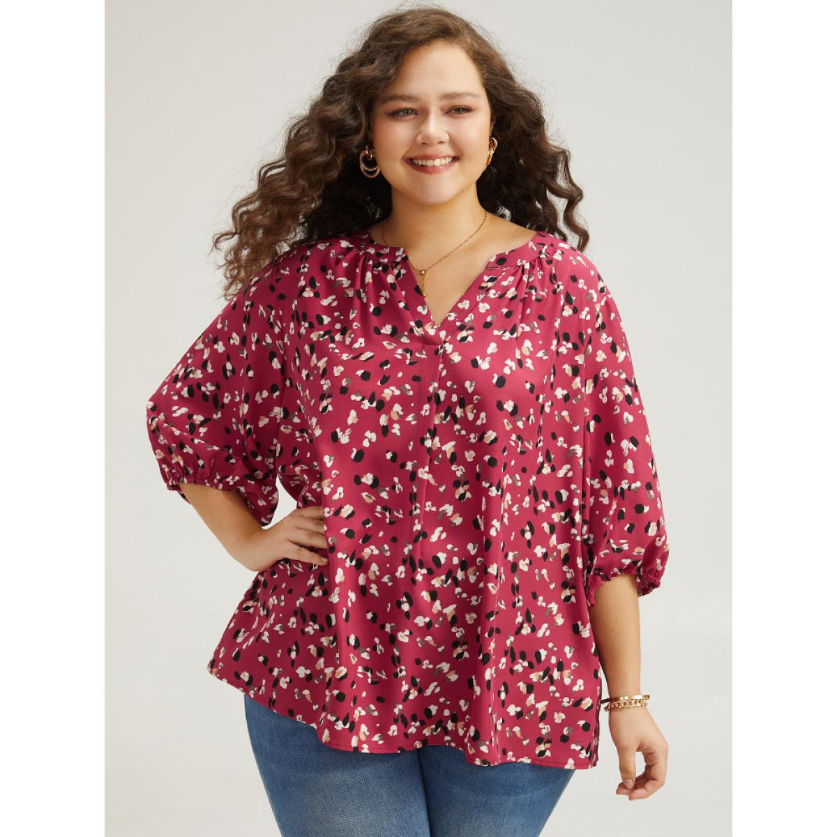 Plus Size RedViolet Allover Print Notched Lantern Sleeve Blouse Women Elegant Half Sleeve V-neck Dailywear Blouses BloomChic 28/5X Product Image