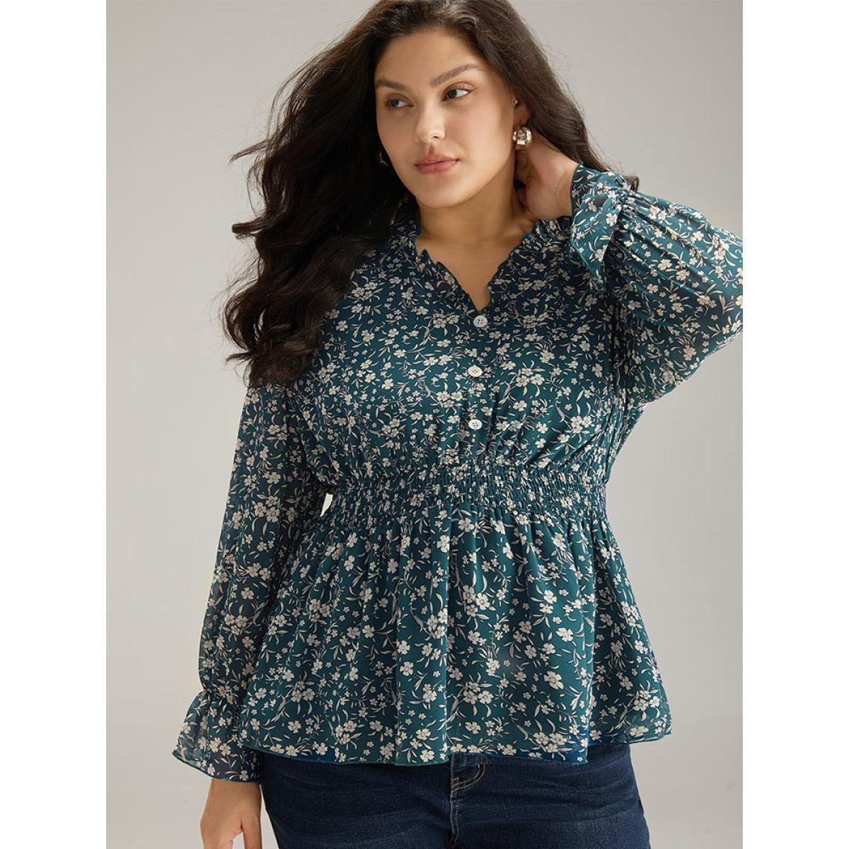 Plus Size Aegean Ditsy Floral Chiffon Shirred Ruffles Frill Trim Blouse Women Elegant Long Sleeve V-neck Dailywear Blouses BloomChic 18-20/2X Product Image