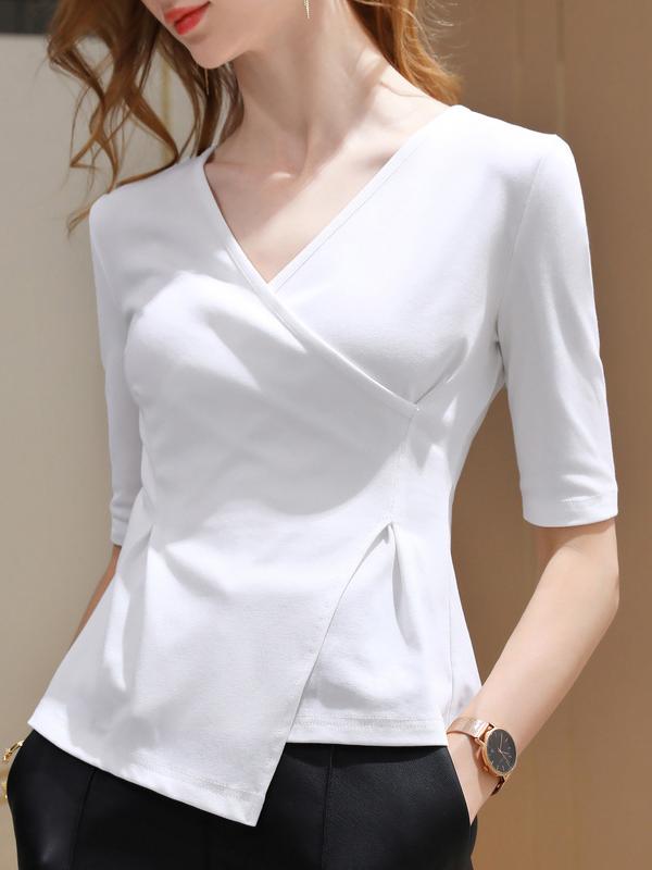 Half Sleeves Asymmetric Skinny Solid Color V-Neck T-Shirts Tops Product Image