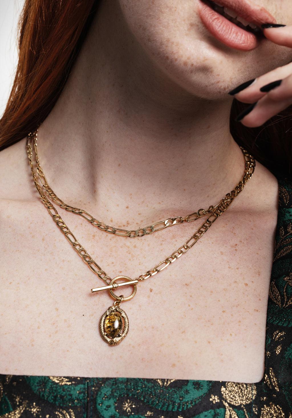 Ouroboros Green Moss Stone Multi Chain Necklace - Gold Product Image