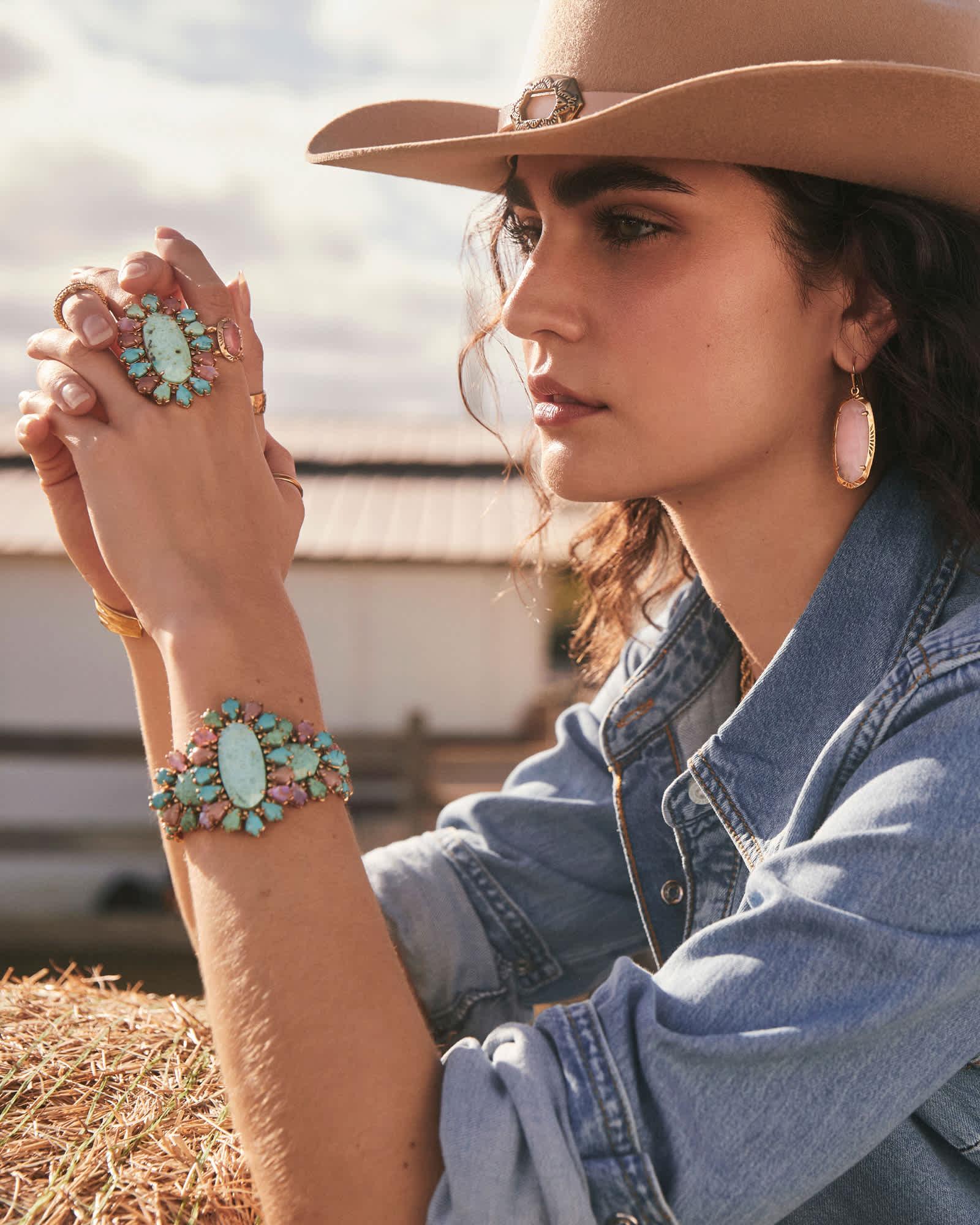 Elle Vintage Gold Etch Frame Drop Earrings in Rose Quartz Product Image