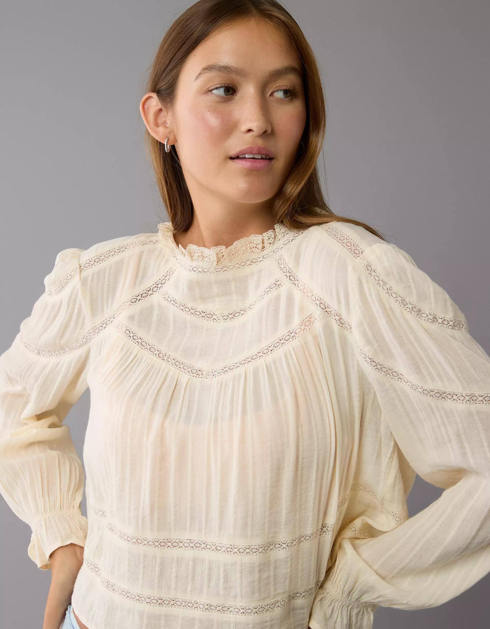 AE Long-Sleeve High Neck Lace Babydoll Top Product Image