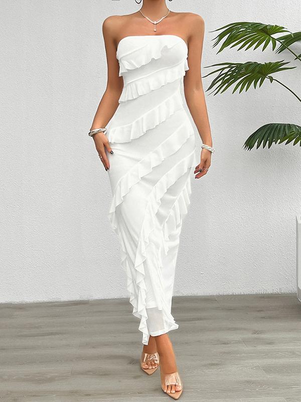 Bodycon High Waisted Ruffle Trim Solid Color Split-Back Split-Joint Tube Maxi Dresses Product Image