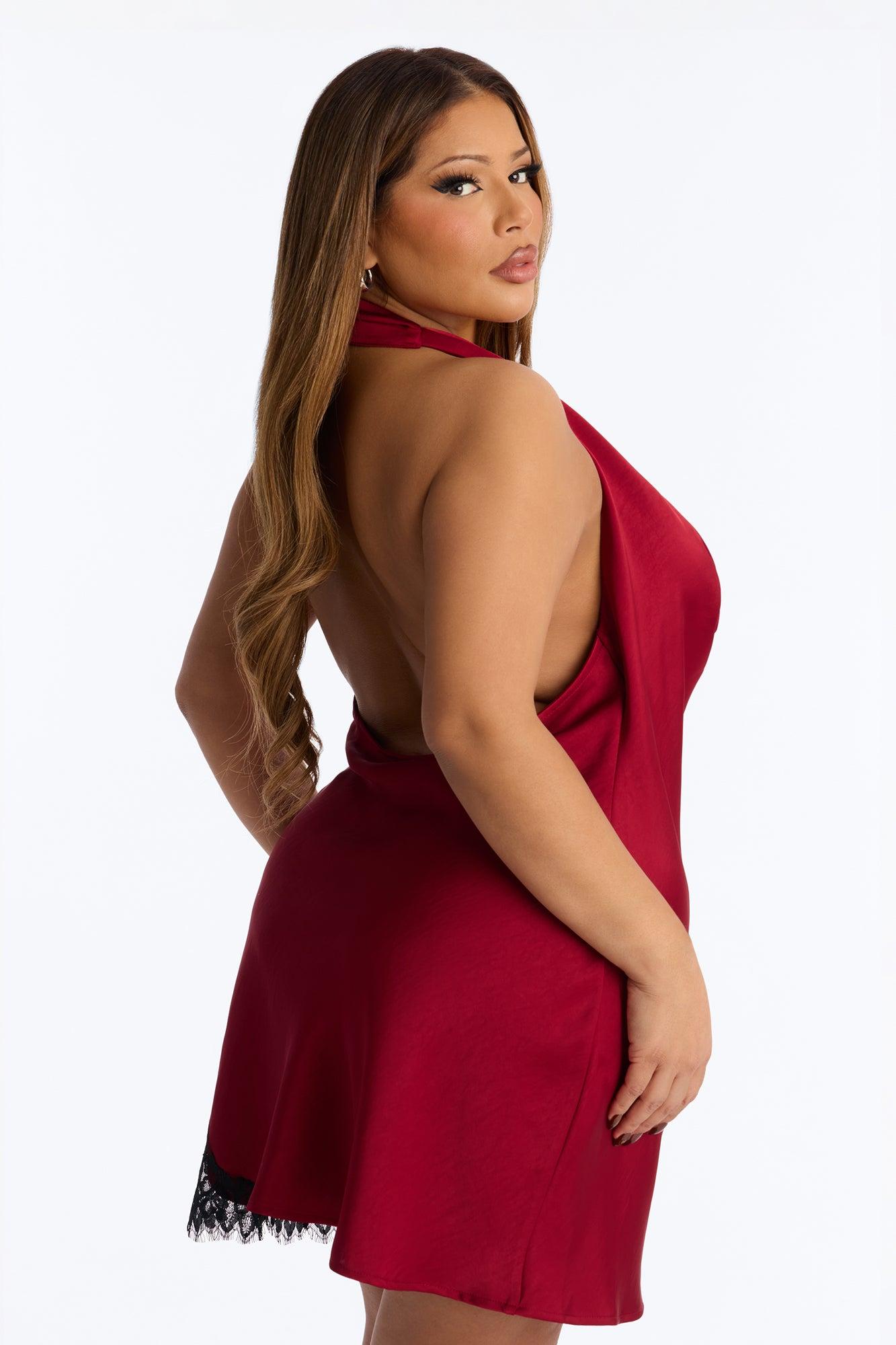 Selena Lace Trim Satin Mini Dress - Wine Female Product Image