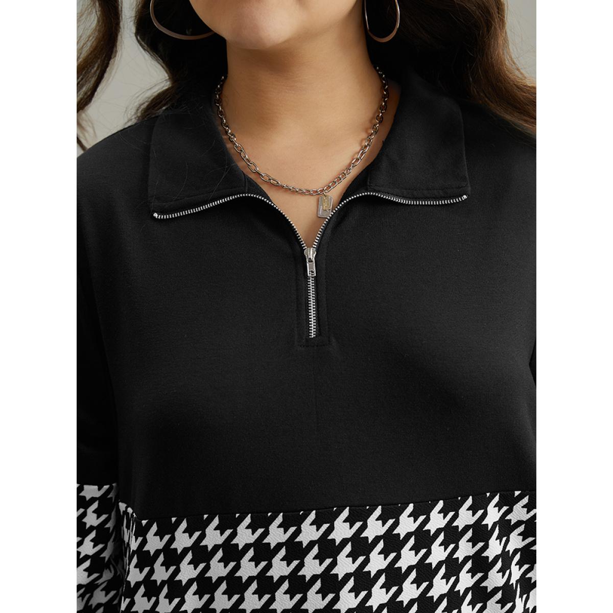 Plus Size Houndstooth Patchwork Half Zip Sweatshirt Women Black Casual Elastic cuffs Polo Dailywear Sweatshirts BloomChic 26/4X Product Image
