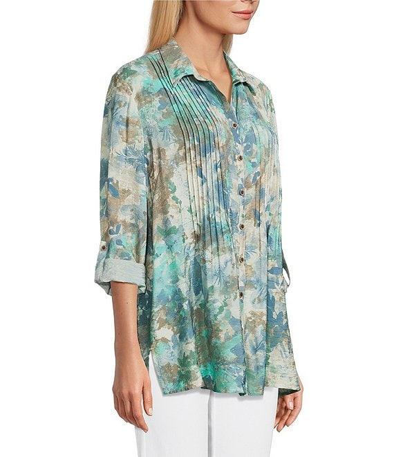 Multiples Crinkle Woven Printed Point Collar 3/4 Cinched Roll Tab Cuff Sleeve Button Front Shirt Product Image