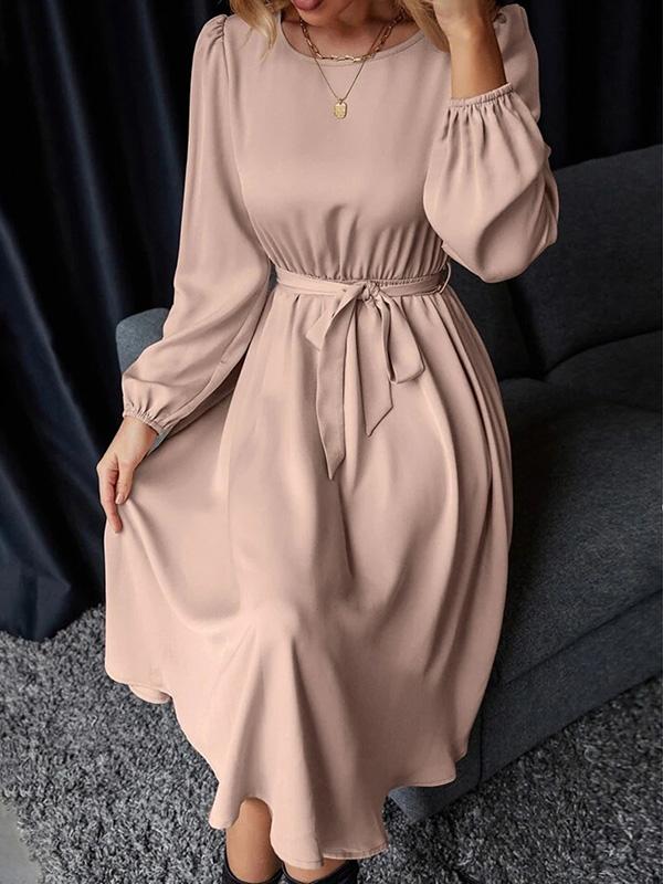 Loose Puff Sleeves Elasticity Pleated Solid Color Split-Joint Tied Waist Round-Neck Midi Dresses Product Image