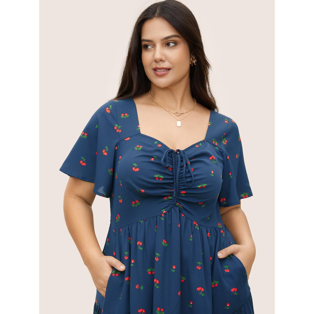 Plus Size Citrus Fruit Print Heart Neckline Drawstring Pleated Dress DarkBlue Women Elegant Pleated Heart neckline Short sleeve Curvy Midi Dress BloomChic 14-16/1X Product Image