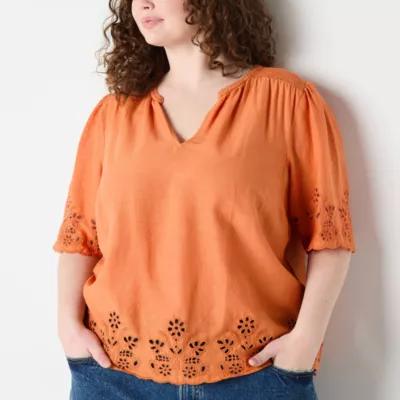 a.n.a Plus Eyelet Womens Split Crew Neck Elbow Sleeve Blouse Product Image