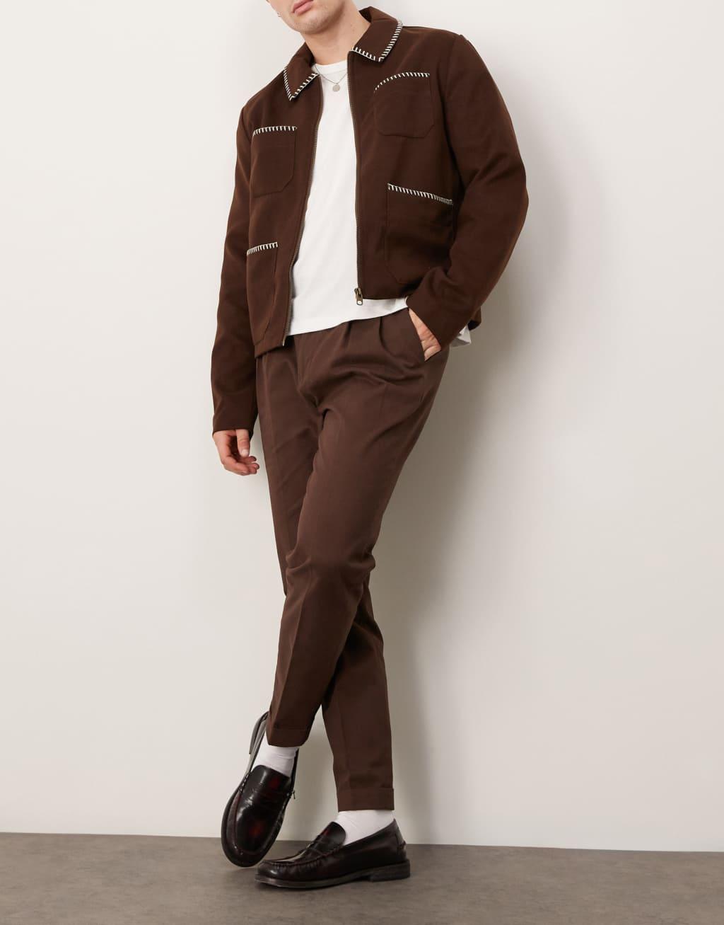 ASOS DESIGN smart tapered cotton chino pants with front pleats in brown Product Image