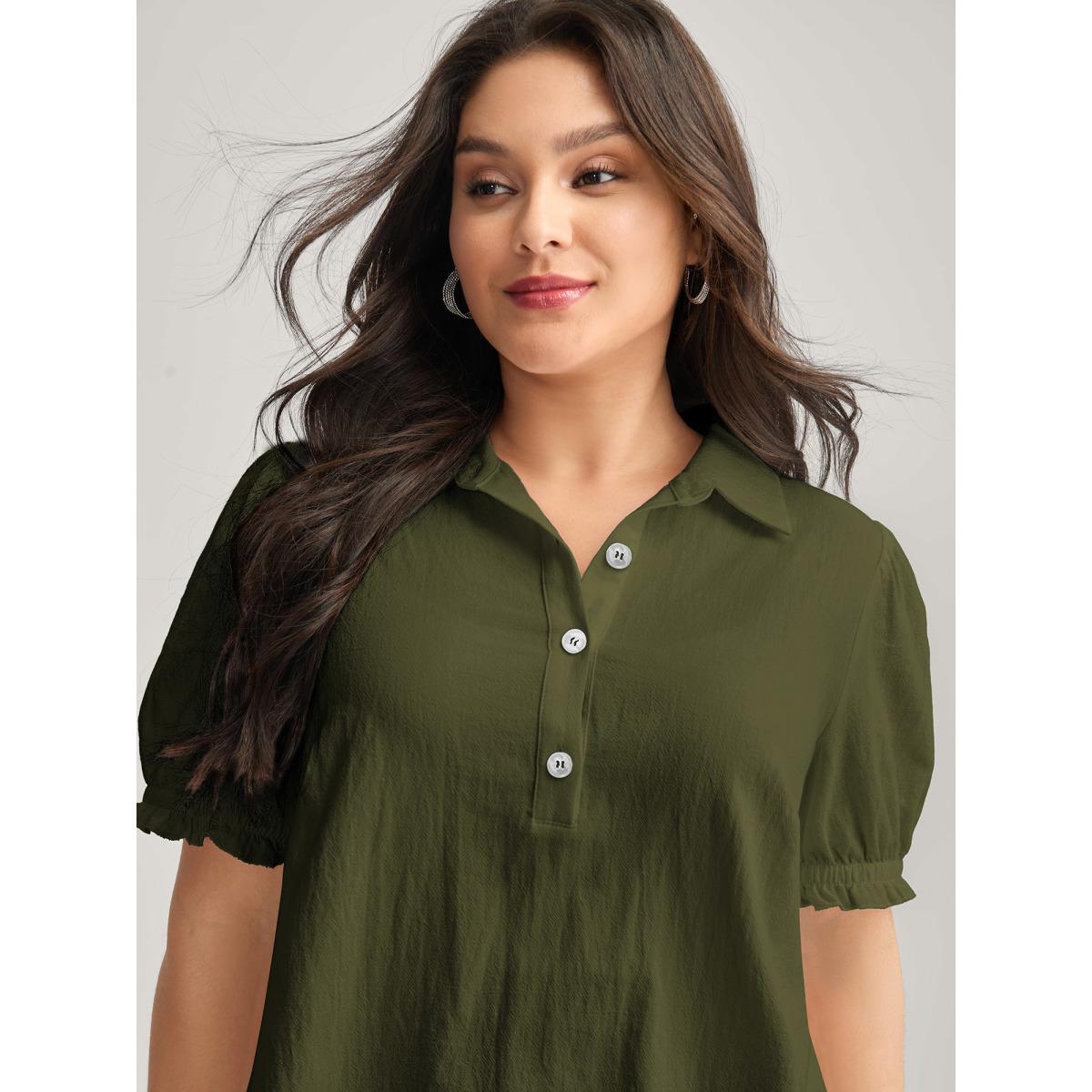 Plus Size Cyan Pure Cotton Ruffled Puffy Sleeve Blouse Women Office Short sleeve Shirt collar Office Blouses BloomChic 14-16/1X Product Image