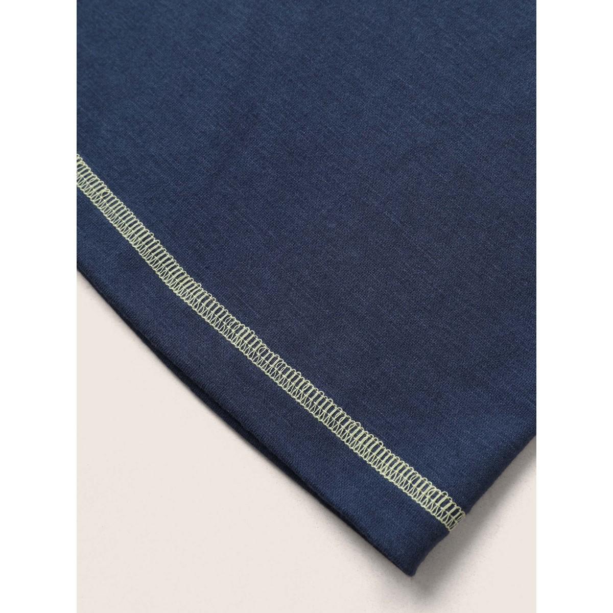 Plus Size Round Neck Contrast Patchwork Quilted T-shirt Navy Women Casual Contrast Round Neck Everyday T-shirts BloomChic 18-20/2X Product Image