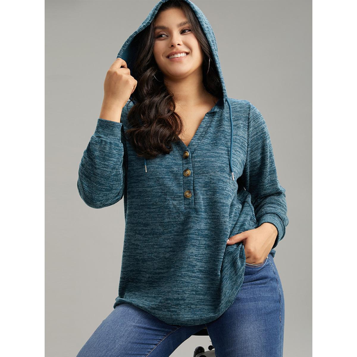 Plus Size Plain Heather Button Up Hooded Drawstring Sweatshirt Women Cyan Casual Texture Hooded Dailywear Sweatshirts BloomChic 22-24/3X Product Image