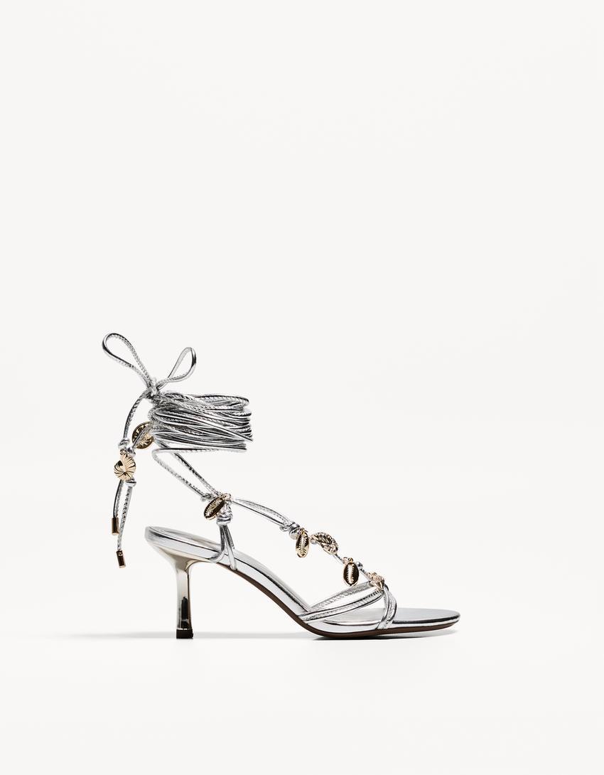 Tied high-heel sandals with rhinestones Product Image