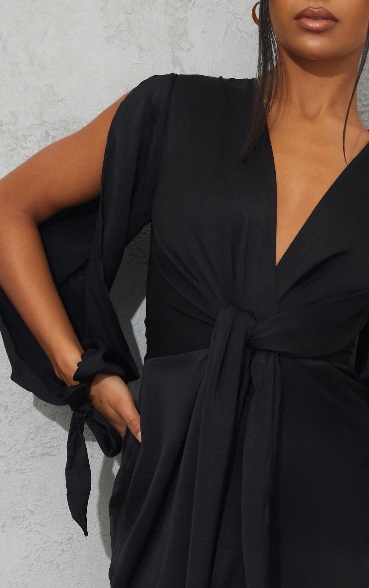 Black Satin Twist Front Open Sleeve Wrap Dress Product Image