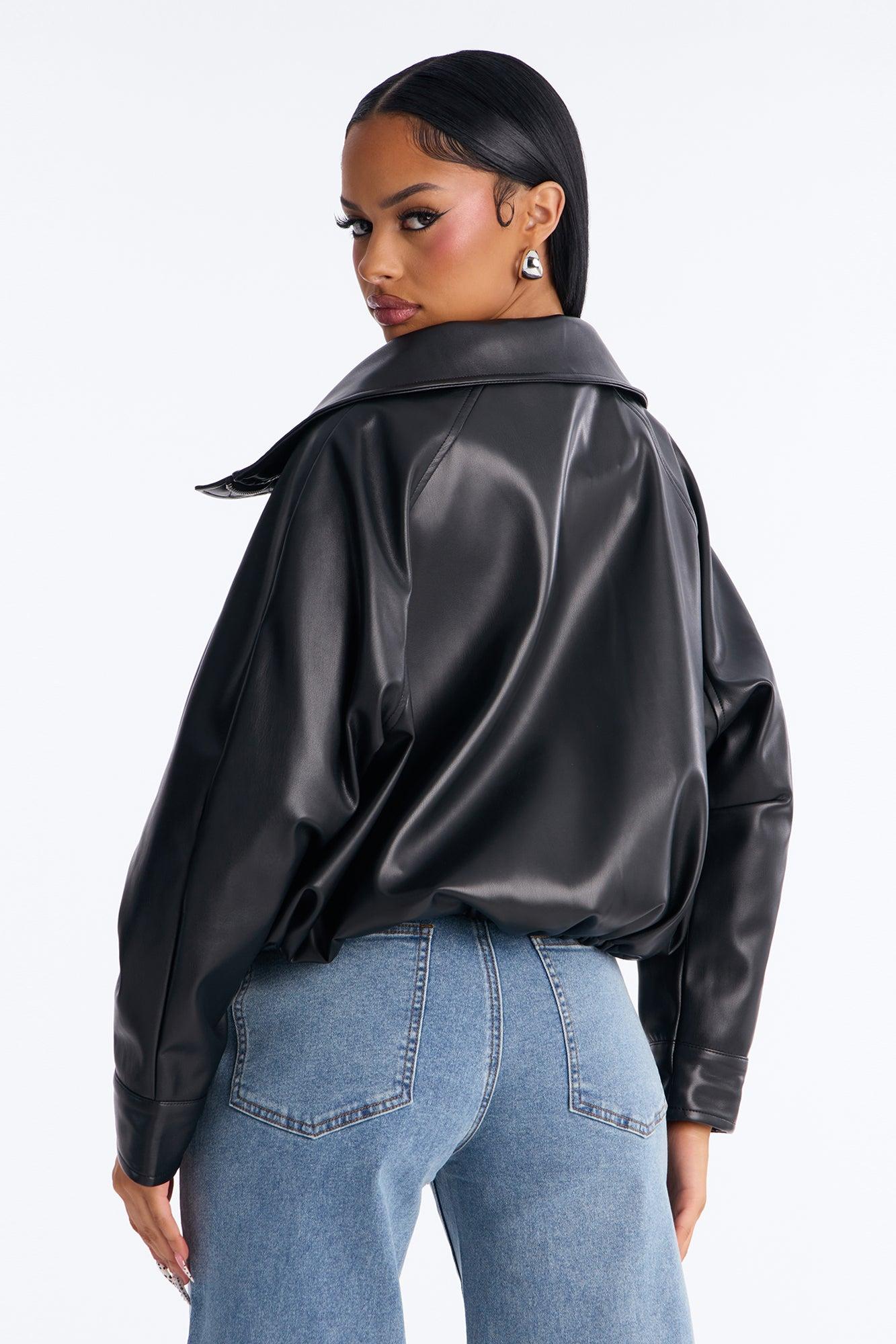 Iris Faux Leather Funnel Neck Bubble Bomber Jacket - Black Female Product Image