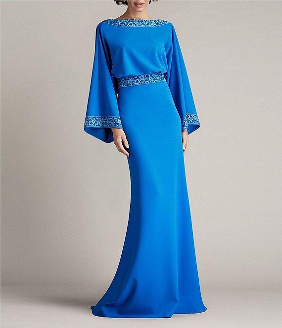 Tadashi Shoji Crepe Embroidered Trim Boat Neck Dolman Long Sleeve Deep Cowl Back Gown Product Image