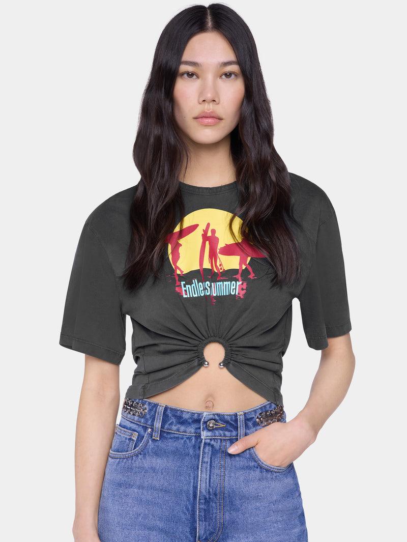 CROPPED T-SHIRT IN PRINTED COTTON Product Image