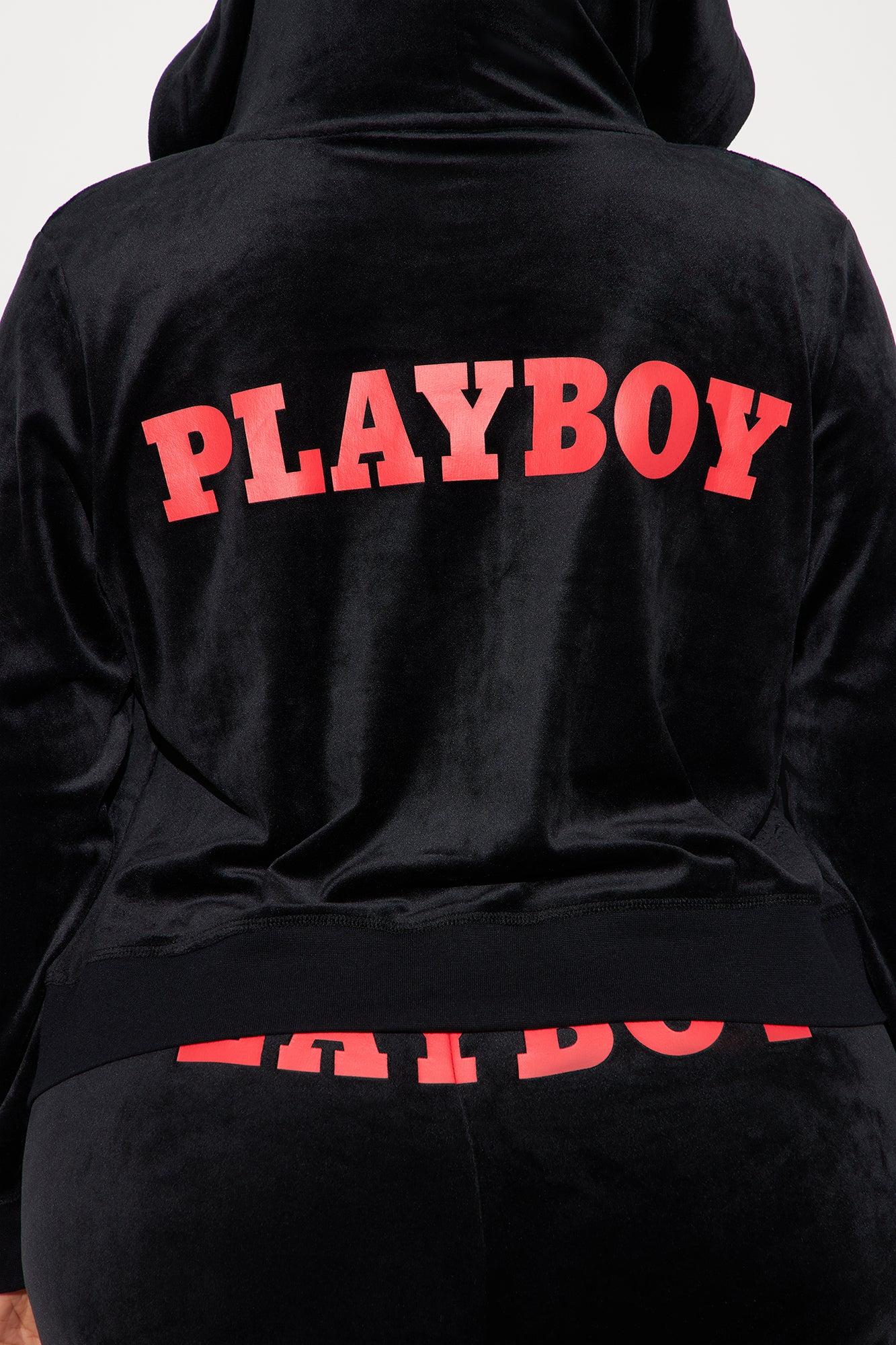Playboy Cherry Velour Zip Up Hoodie - Black Product Image