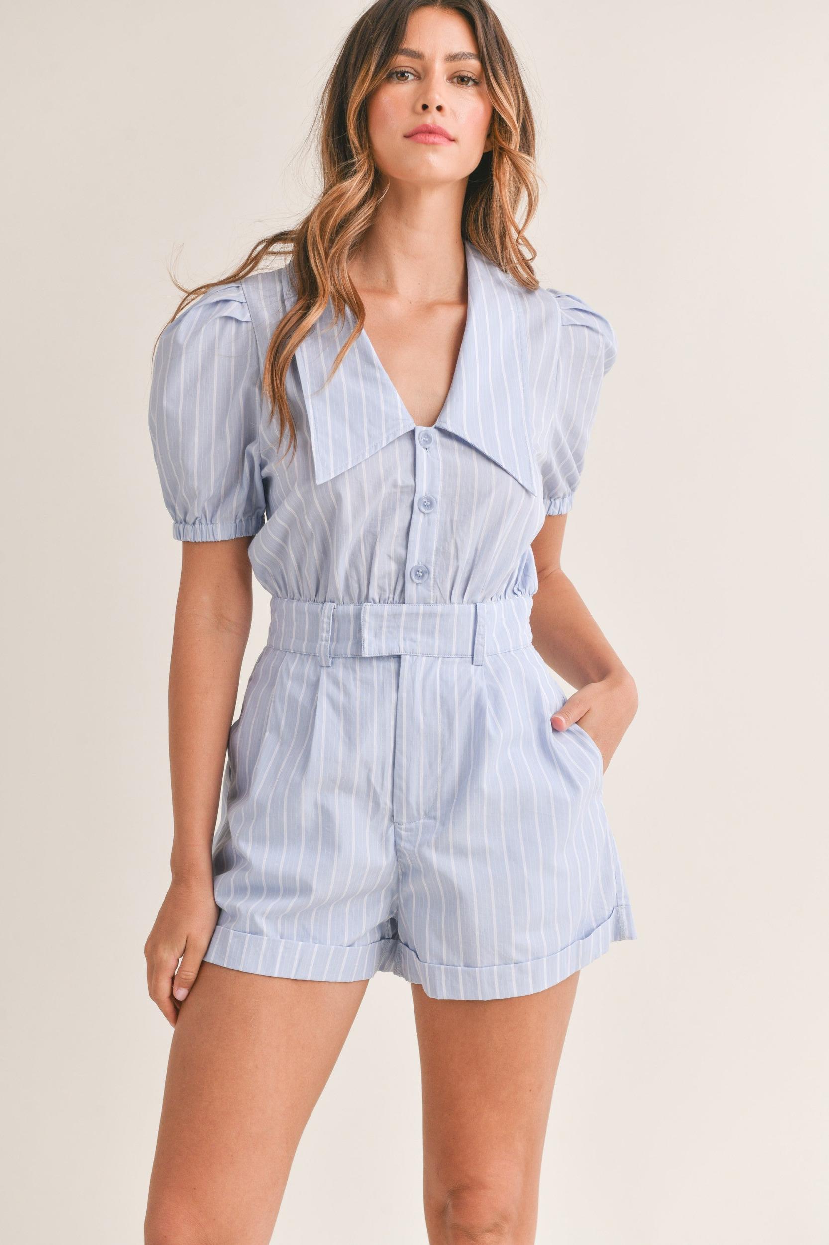 Striped Cute Collared Romper Product Image