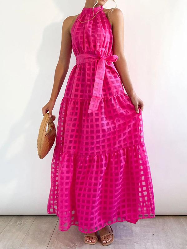 Loose Sleeveless Plaid Ribbed Stand Collar Maxi Dresses Product Image
