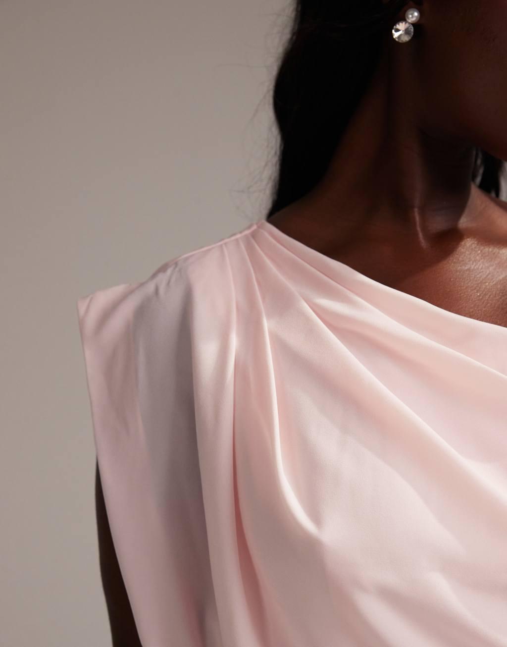 ASOS DESIGN Curve Bridesmaids crepe one shoulder draped maxi dress in soft pink Product Image