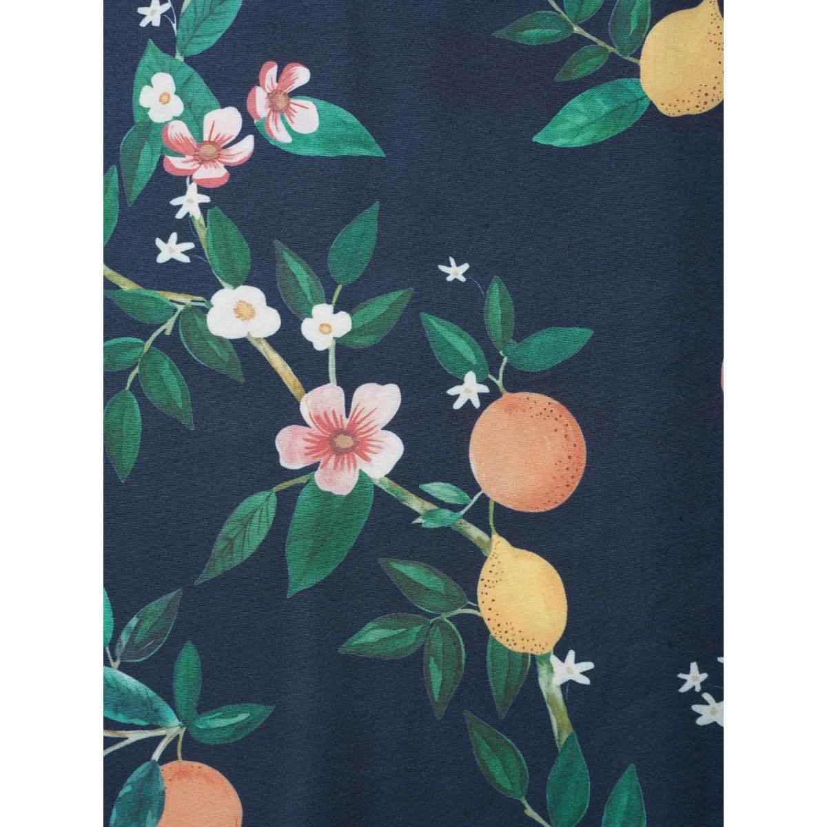 Plus Size Citrus Orange Print Square Neck Gathered Drawstring Dress Navy Women Elegant Tie knot Square Neck Half Sleeve Curvy Midi Dress BloomChic 14-16/1X Product Image