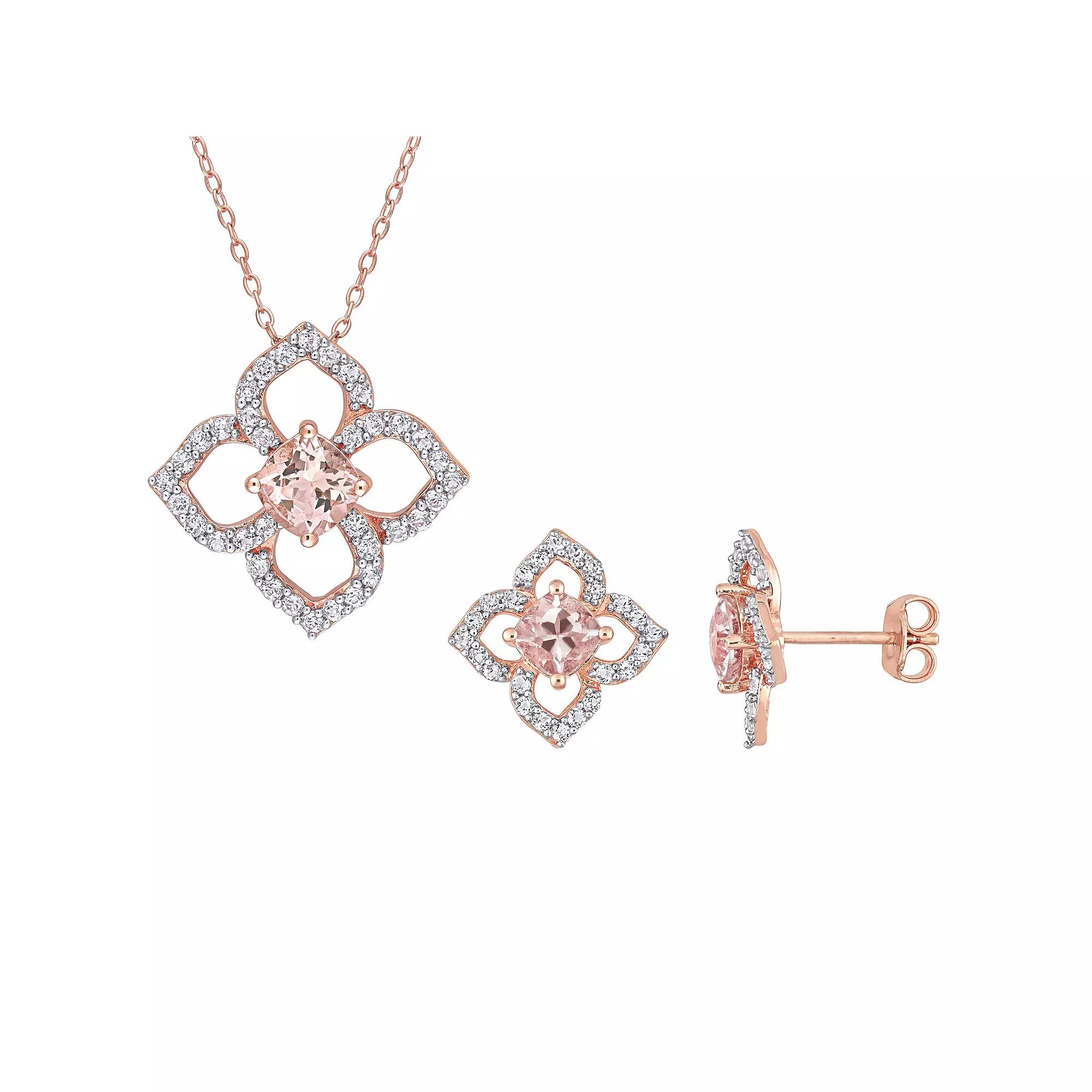 Stella Grace 18k Rose Gold Over Silver Morganite & White Topaz Floral Earring & Pendant Necklace Set, Womens Multicolor Product Image