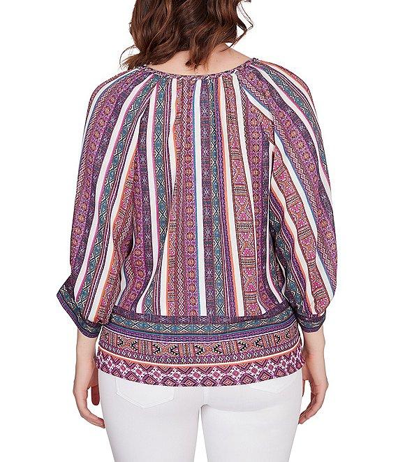 Ruby Rd. Petite Size Southwest Stripe Border Print Metallic Detail Braid Trim V-Neck 3/4 Balloon Sleeve Top Product Image