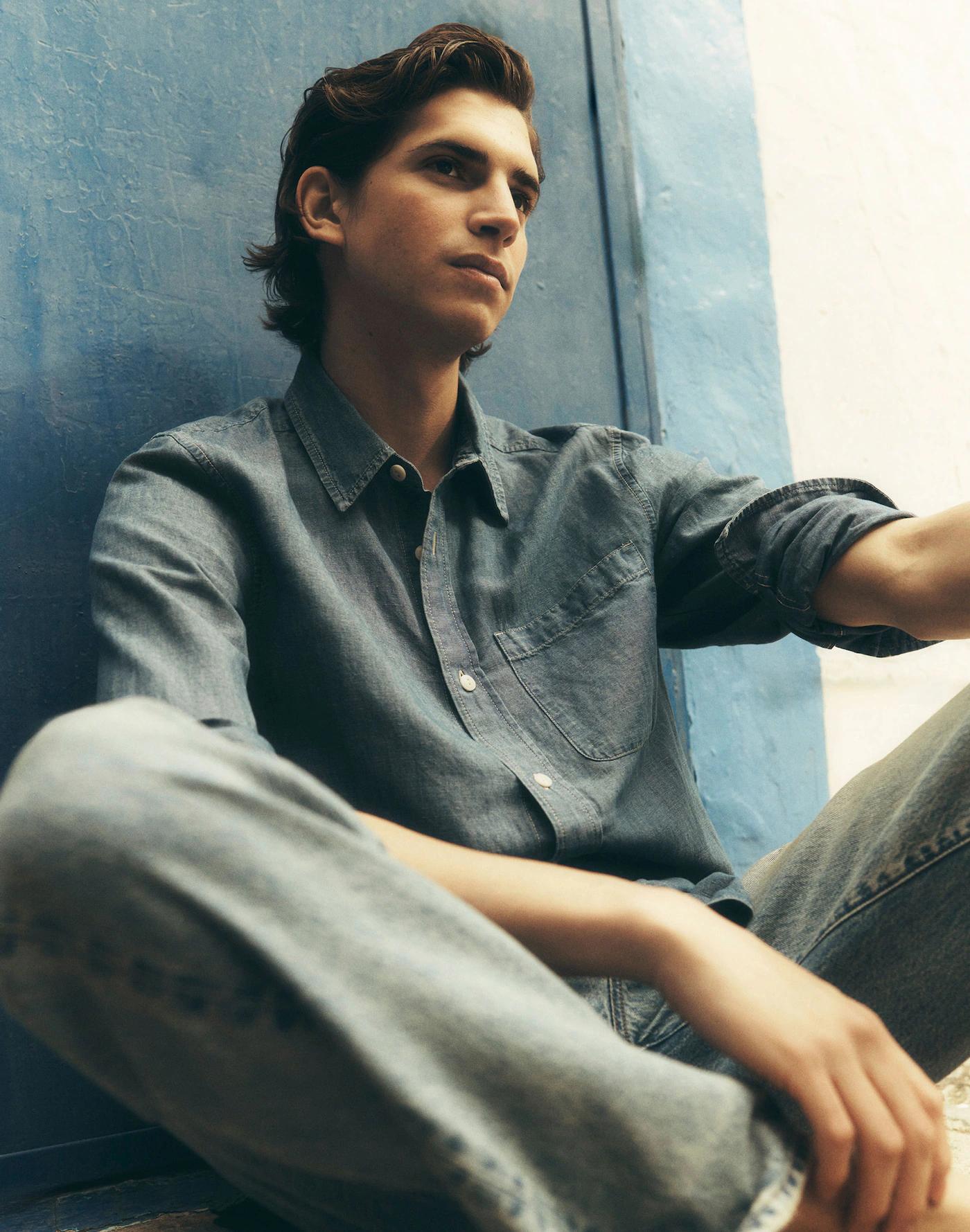 Chambray Button-Up Shirt in Cotton-Linen Blend Product Image