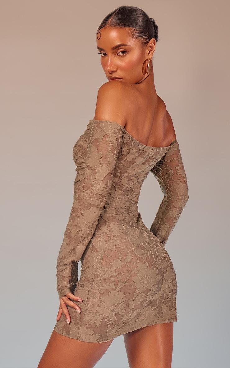 Khaki Floral Sheer Burnout Bardot Bodycon Dress Product Image