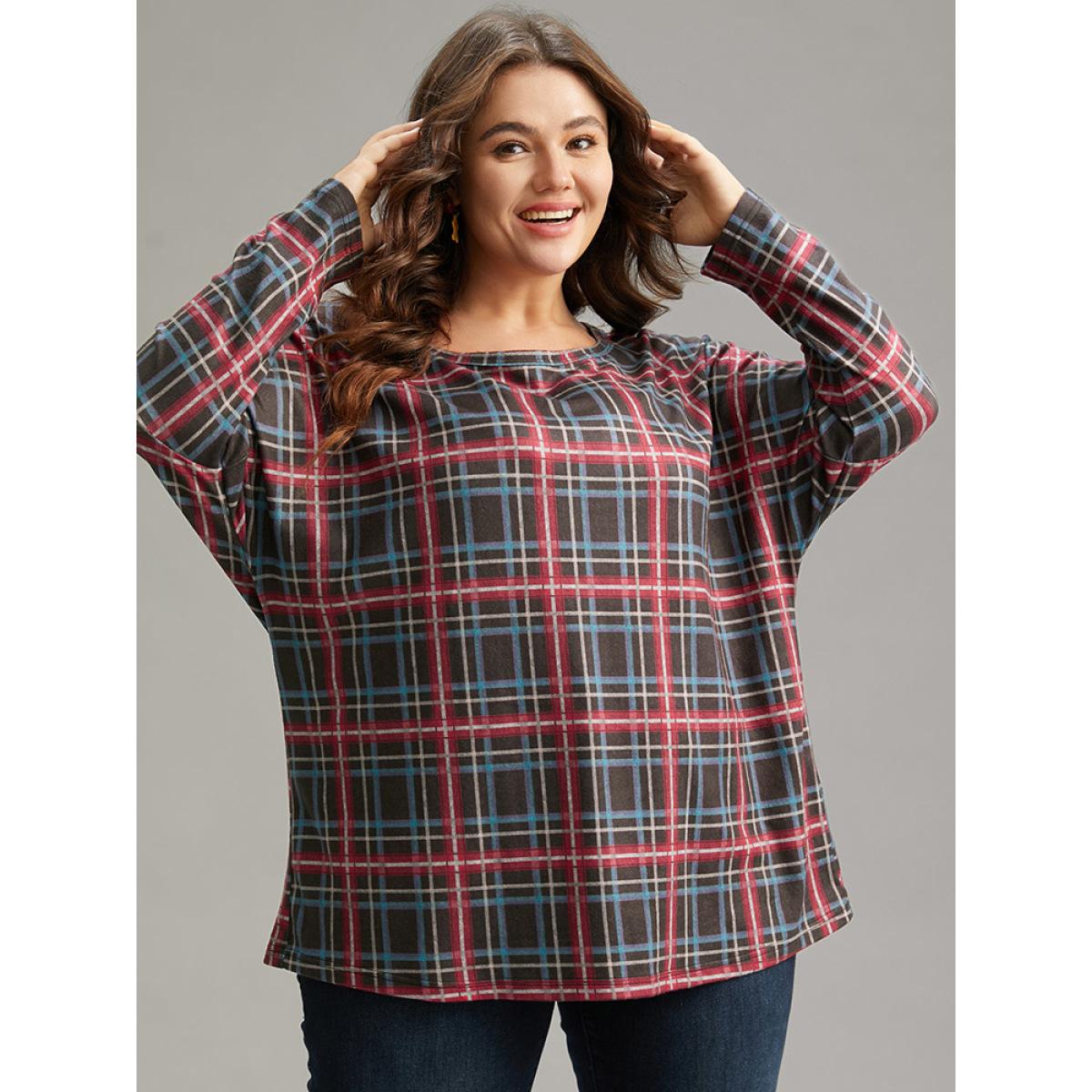 Plus Size Plaid Dolman Sleeve Round Neck T-shirt Multicolor Women Casual Contrast Plaid Round Neck Festival-Christmas T-shirts BloomChic 30/6X Product Image