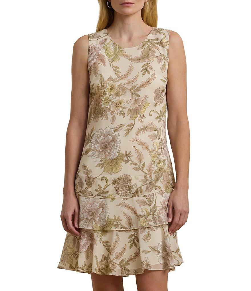 Lauren Ralph Lauren Georgette Floral Print Crew Neck Sleeveless Ruffle Hem Shift Mini Dress Product Image