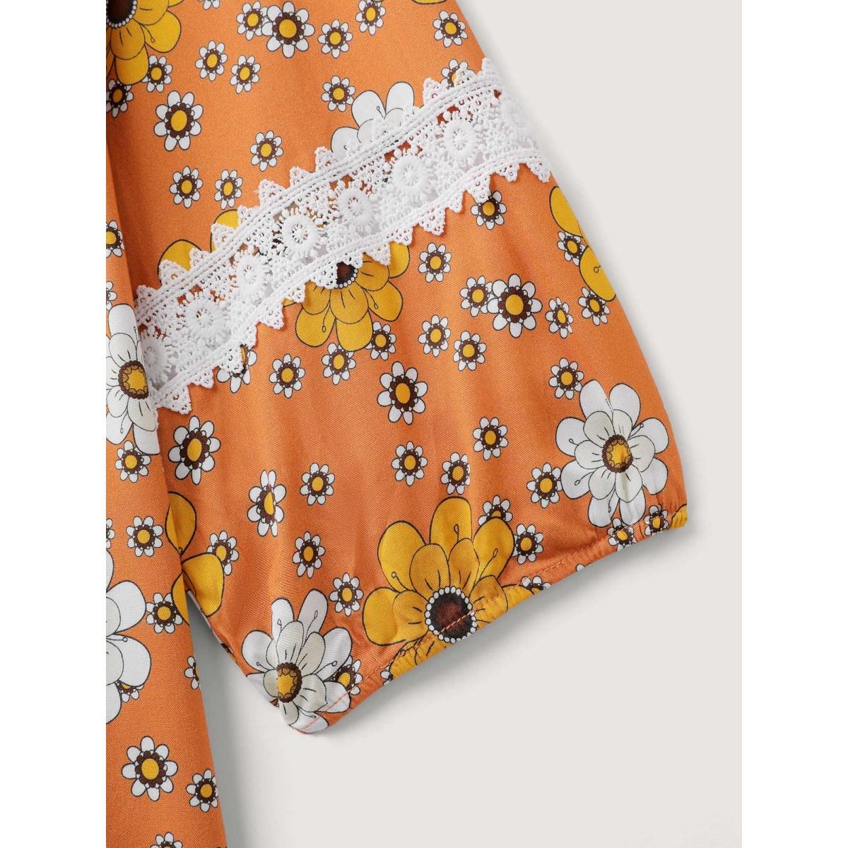 Plus Size Floral Lace Trim Sheer Knee-Length Dress Turmeric Women Playful Flat collar with V-notch Three Quarter Length Sleeve Curvy BloomChic 12/L Product Image