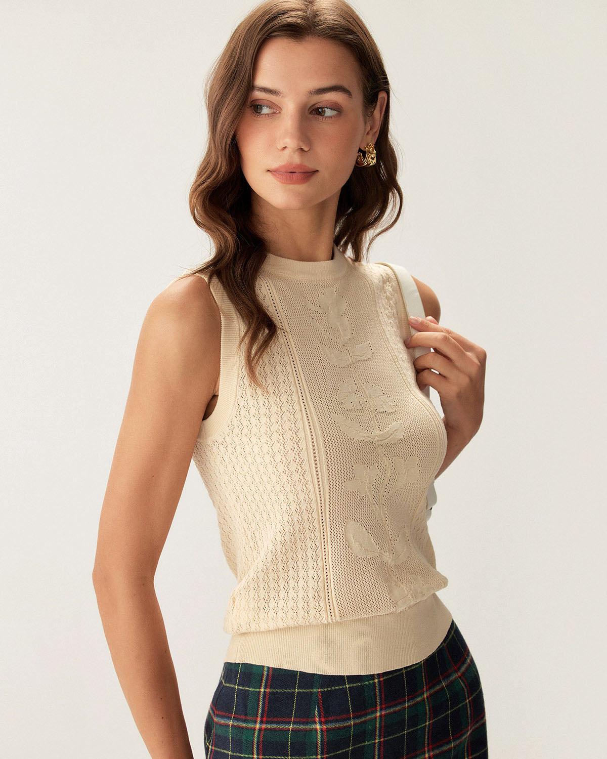 Beige Crew Neck Knit Tank Top Product Image