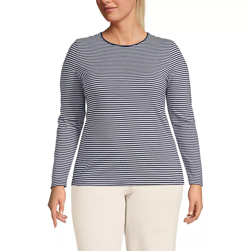 Plus Size Lands' End Long Sleeve Lightweight Jersey Crewneck Top, Women's, Size: 2XL, Navy White Stripe Product Image