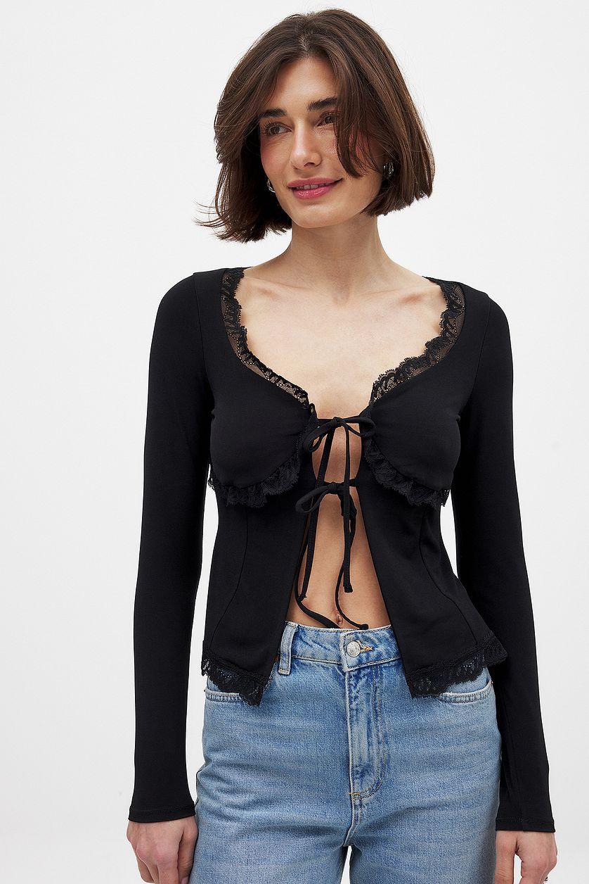 Long Sleeve Lace Tie Top Black Product Image