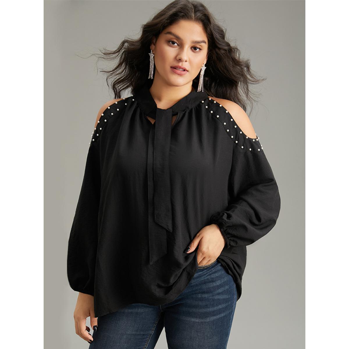 Plus Size Black Pearl Beaded Cold Shoulder Keyhole Bowknot Blouse Women Glamour Long Sleeve Cold Shoulder Going out Blouses BloomChic 30/6X Product Image