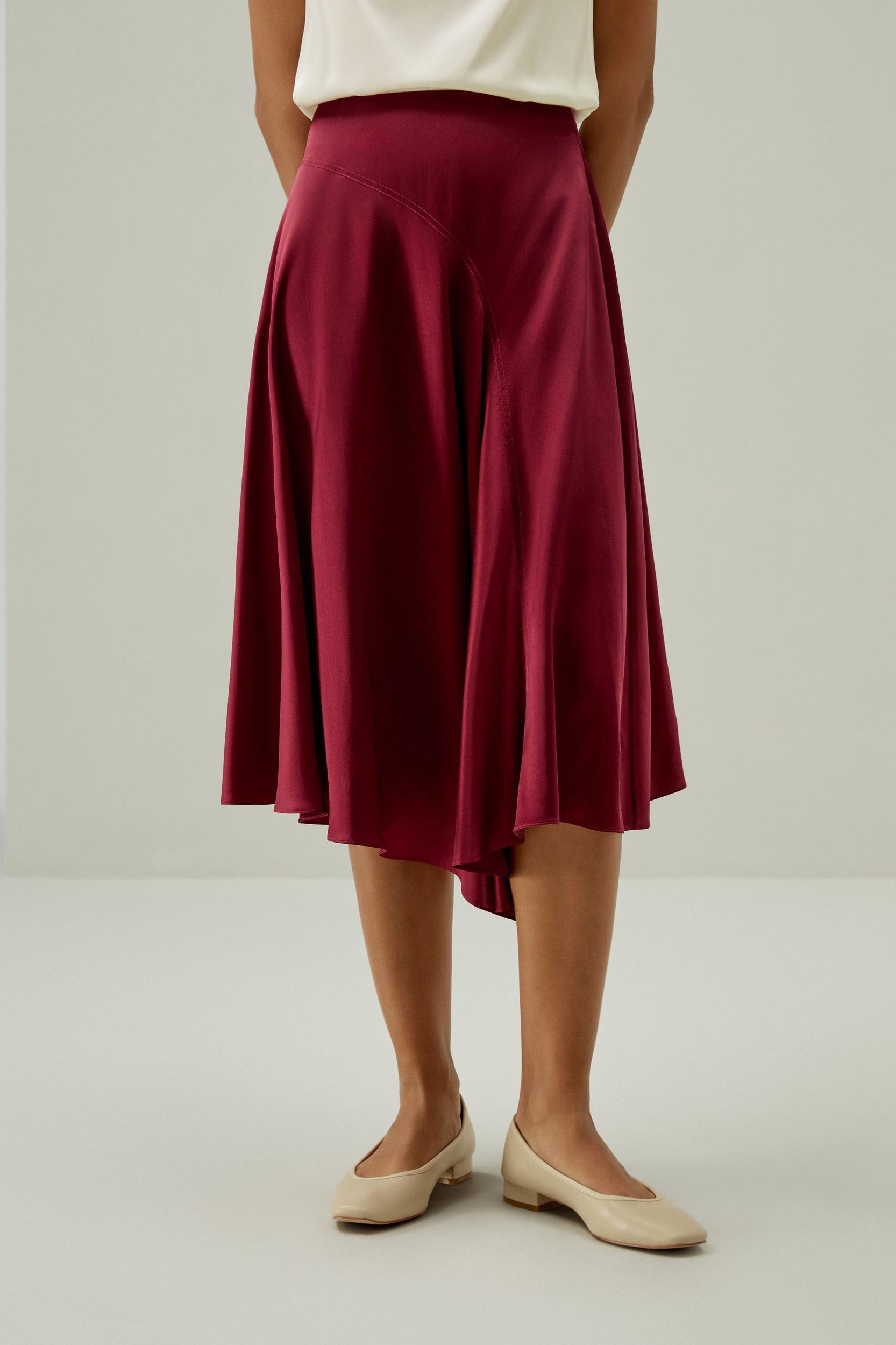 LILYSILK Women's Asymmetrical Silk Skirt, Cherry Red, Size 6, Elegant Flared Hem, Calf-Length, Side Zipper Product Image
