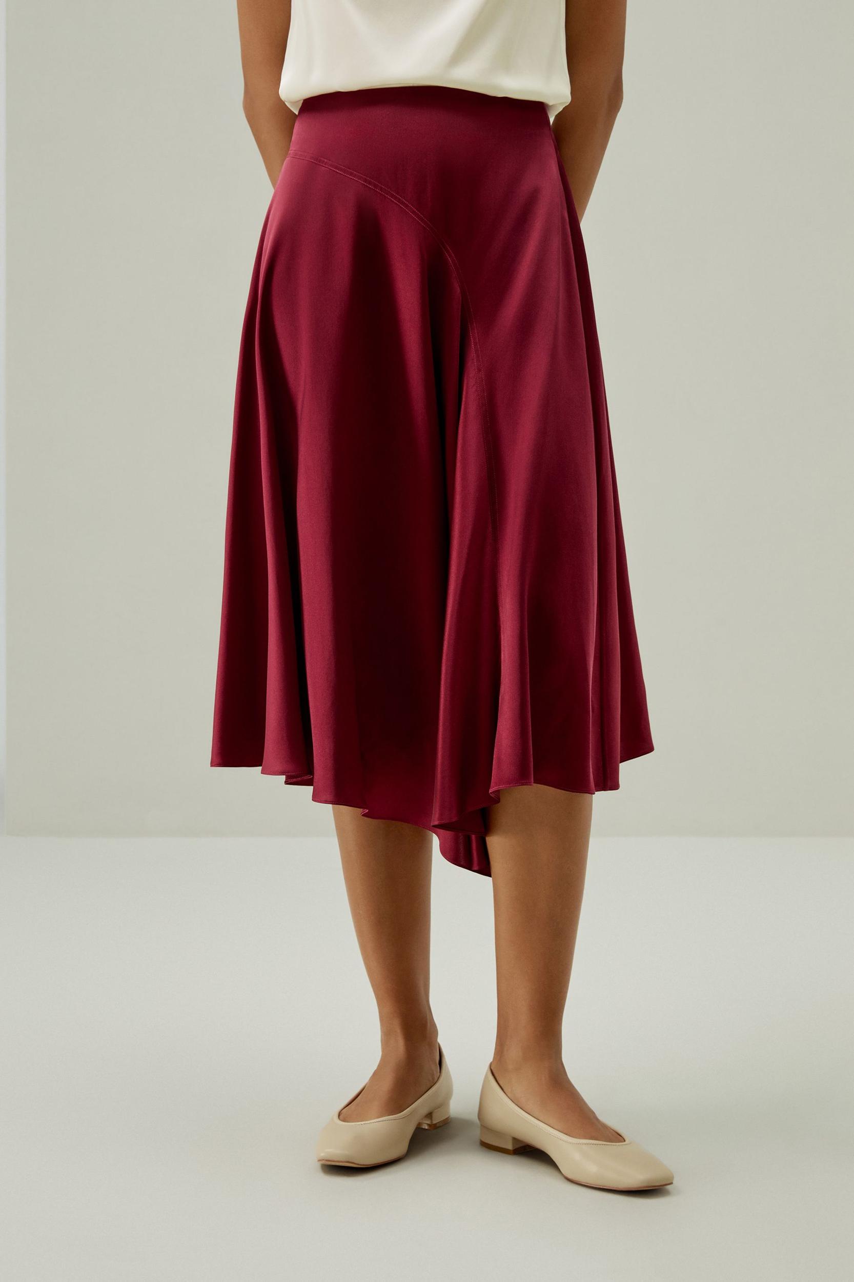 LILYSILK Women's Asymmetrical Silk Skirt, Cherry Red, Size 6, Elegant Flared Hem, Calf-Length, Side Zipper Product Image