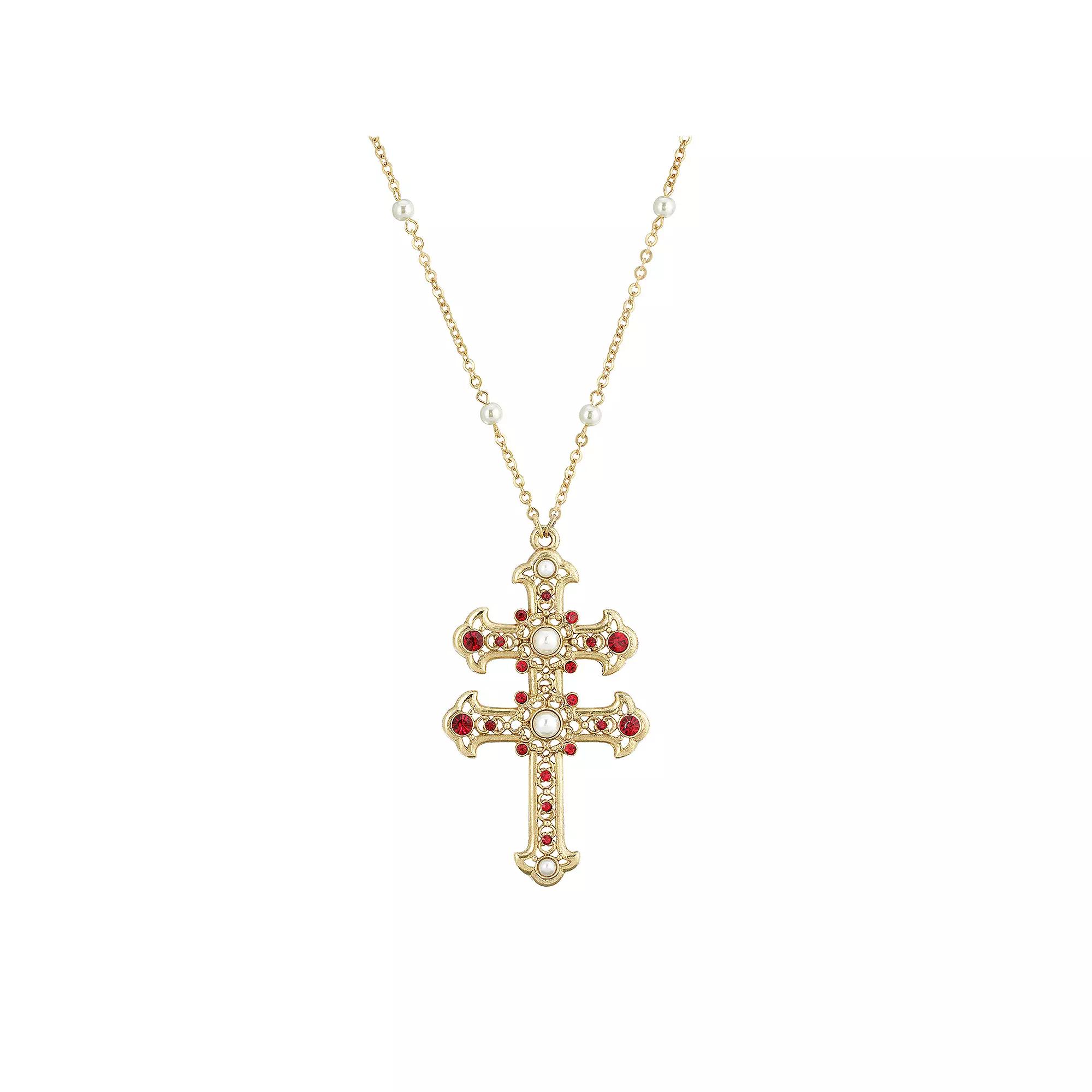 1928 Gold Tone Simulated Pearl & Simulated Crystal Double Cross Pendant Necklace, Womens, Red Product Image