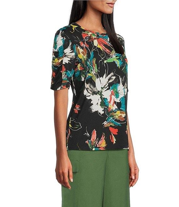 Investments Petite Size Knit Floral Garden Gestures Elbow Length Sleeve Crew Neck Top Product Image