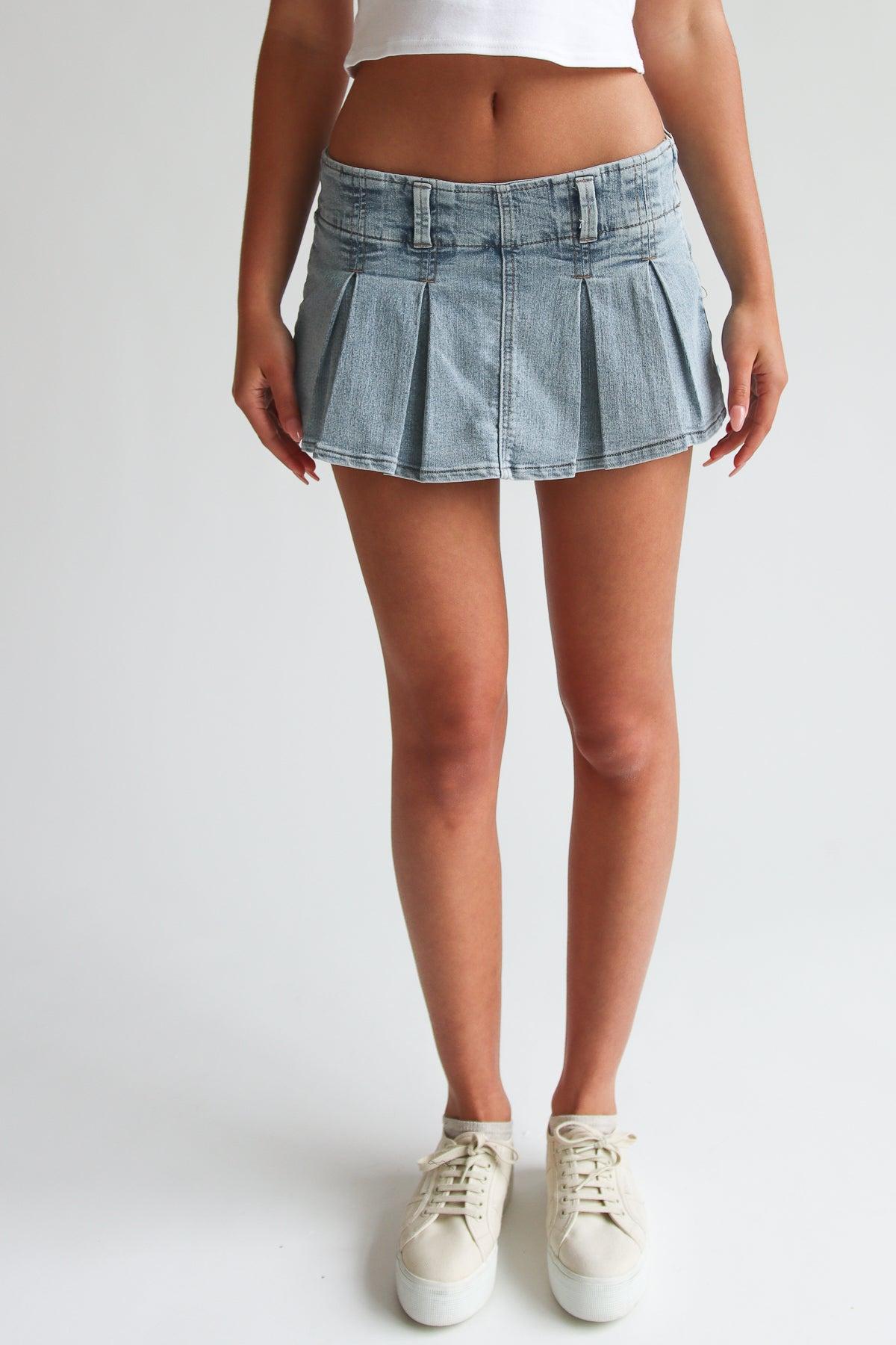 Low Rise Denim Pleated Mini Skort Product Image