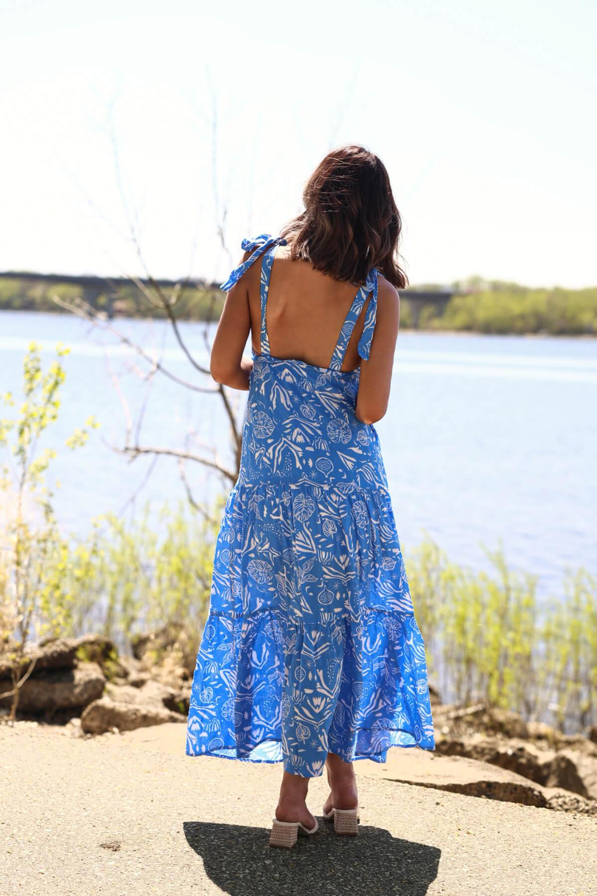 Blue and White Print Tiered Maxi Dress - DOORBUSTER Product Image