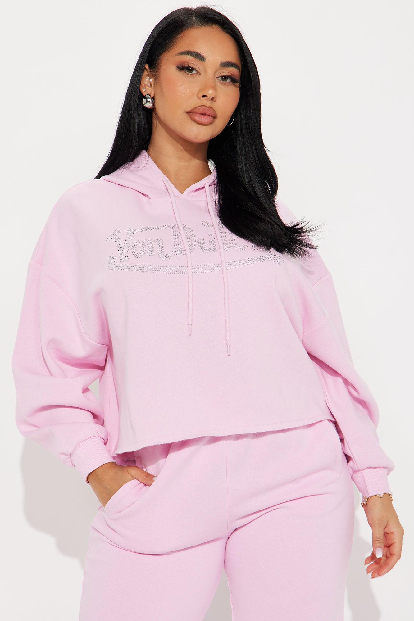 Von Dutch Rhinestone Cropped Hoodie - Pink Product Image