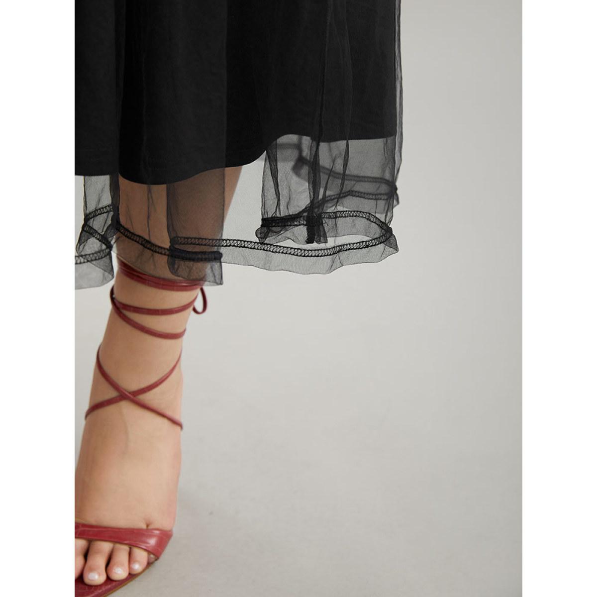 Plus Size Butterfly Embroidered Mesh Gathered Patchwork Dress Black Women Party Elastic cuffs V-neck Long Sleeve Curvy Midi Dress BloomChic 26/4X Product Image