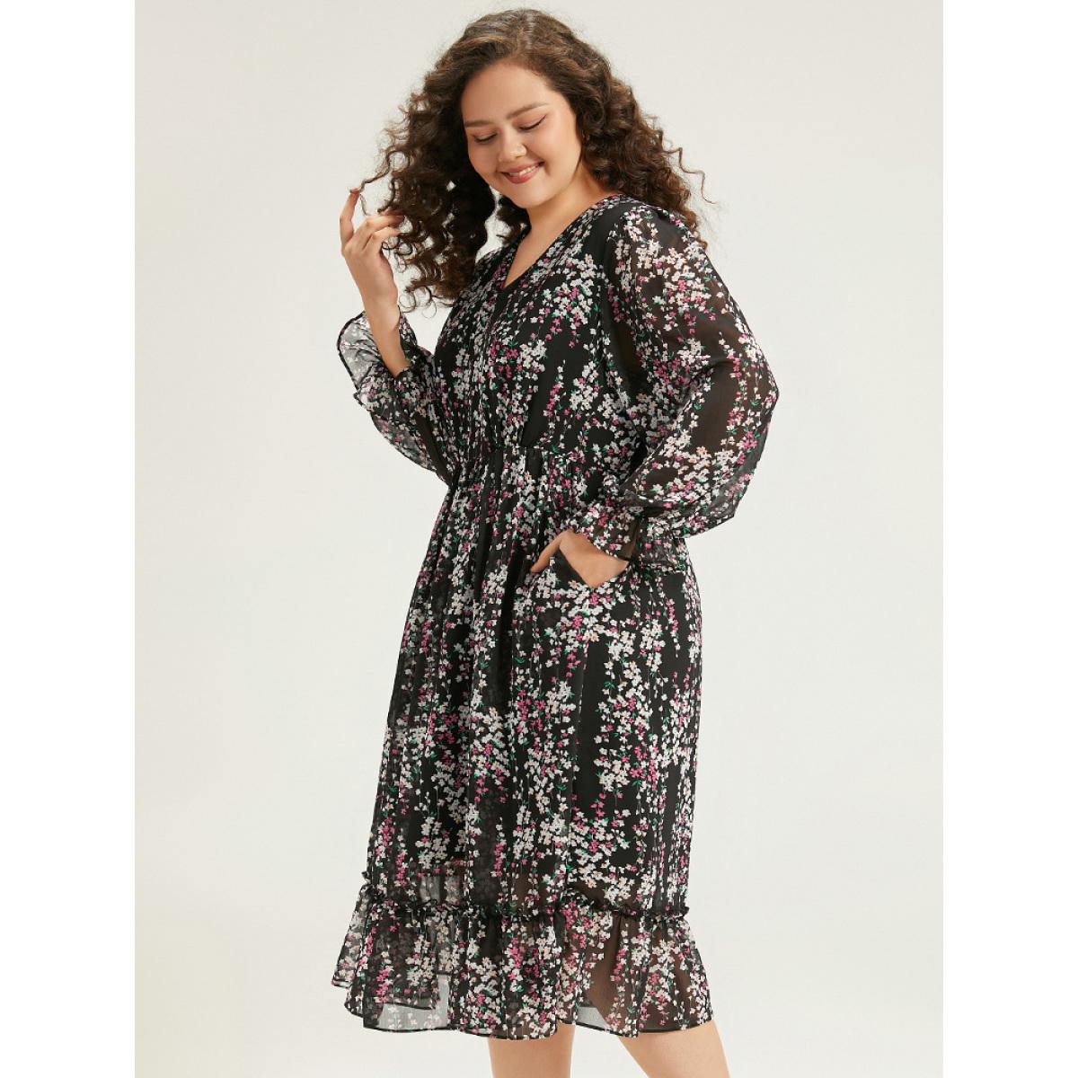 Plus Size Ditsy Floral Chiffon Patchwork Frill Trim Dress Black Women Elegant See through V-neck Long Sleeve Curvy Midi Dress BloomChic 14-16/1X Product Image