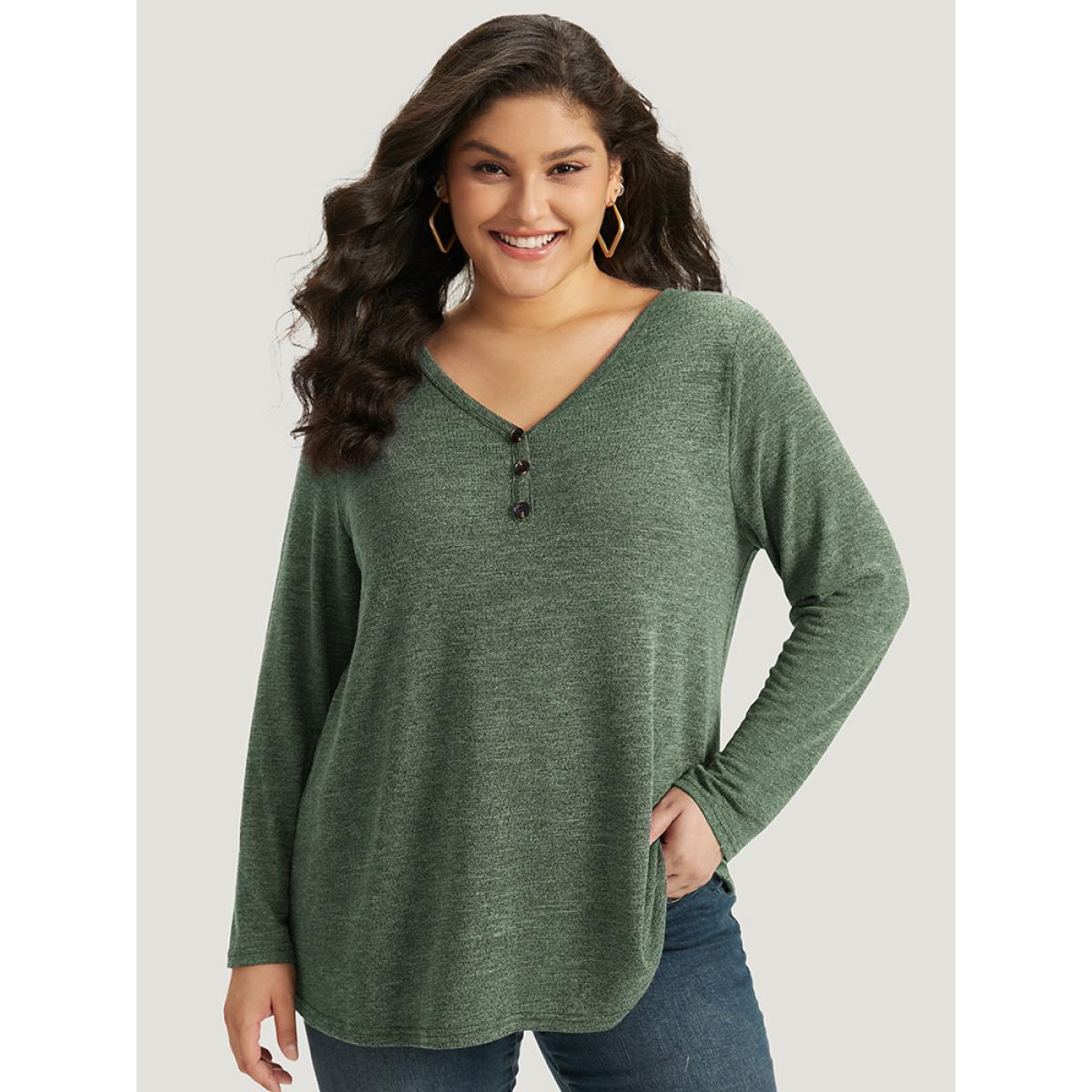 Plus Size Heather Button Up Long Sleeve T-shirt Emerald Women Leisure Heather Plain Casual T-shirts BloomChic 18-20/2X Product Image