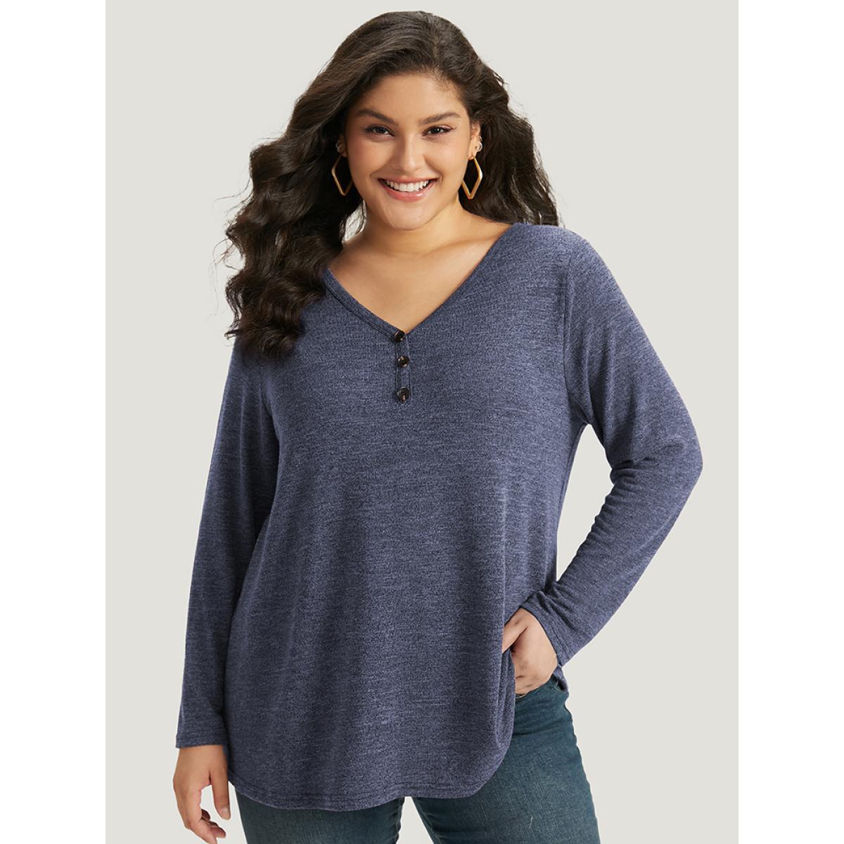 Plus Size Heather Button Up Long Sleeve T-shirt Emerald Women Leisure Heather Plain Casual T-shirts BloomChic 18-20/2X Product Image